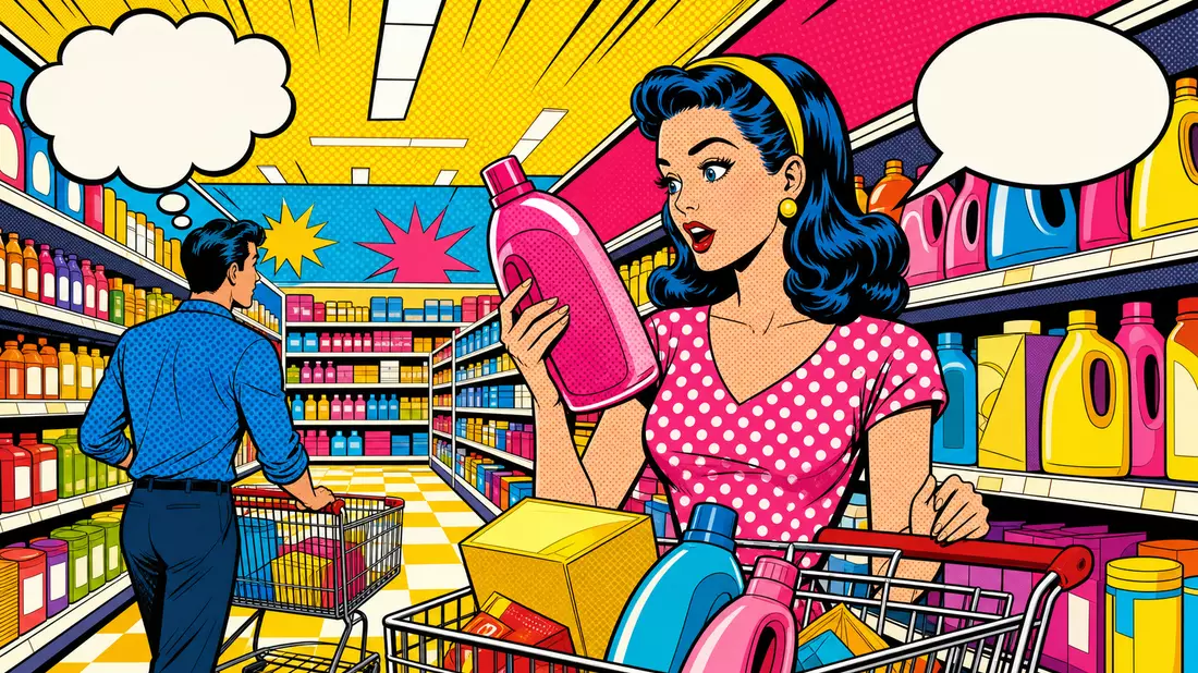 Pop-Art-Comic-Illustration eines Supermarkts mit bunten ungebrandeten Produkten, Halbtönen und Sprec