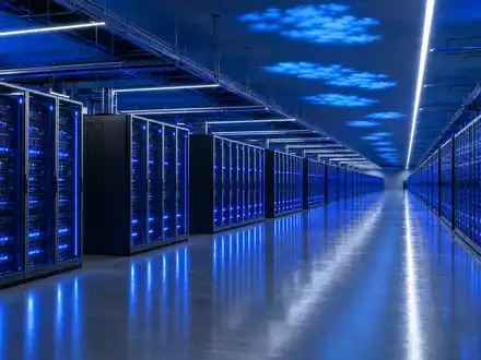 Salesforce US79466L3024 zeigt ein fotorealistisches Datenzentrum mit leuchtenden blauen Server Racks und Spiegelböden - Foto: THN