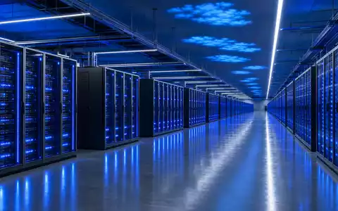 Salesforce US79466L3024 zeigt ein fotorealistisches Datenzentrum mit leuchtenden blauen Server Racks und Spiegelböden - Foto: THN