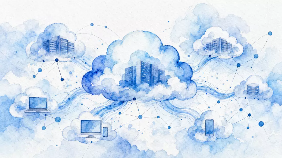 Zarte Aquarellmalerei abstrakter Cloud-Netzwerkarchitektur in Blautönen auf Büttenpapier