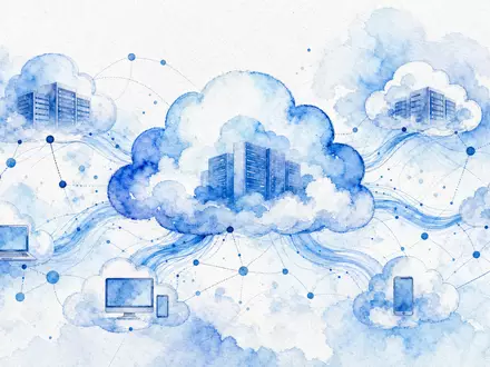 Salesforce US79466L3024 in zartem Aquarell Stil mit vernetzten Cloud Architekturen und fließenden blauen Datenströmen - Foto: THN