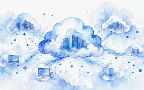 Salesforce US79466L3024 in zartem Aquarell Stil mit vernetzten Cloud Architekturen und fließenden blauen Datenströmen - Foto: THN