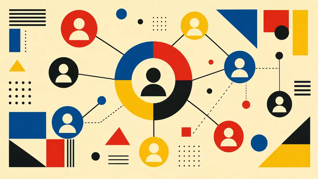 Bauhaus-Designposter mit geometrischen CRM-Netzwerkknoten in Rot, Blau, Gelb und Schwarz