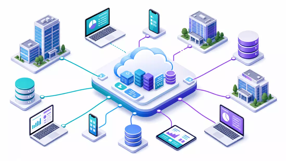 Isometrische 3D-Illustration einer zentralen Cloud-Plattform vernetzt mit Bürogebäuden und Endgeräte