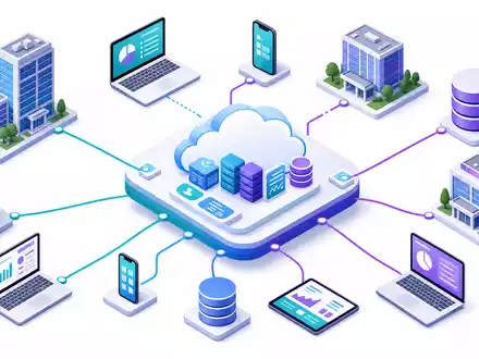 Salesforce US79466L3024 als isometrische 3D Illustration einer Cloud Plattform mit vernetzten Gebäuden und digitalen Geräten - Foto: THN