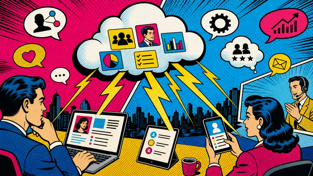 Pop-Art-Comic-Illustration mit CRM-Cloud, Blitzen, Halbtonpunkten und leuchtenden Primärfarben