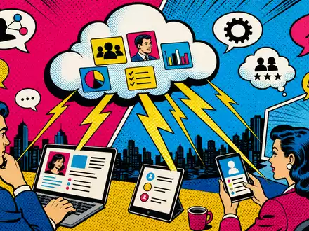 Salesforce US79466L3024 als Pop Art Comic mit CRM Cloud Blitzen Halbton Raster und kräftigen Primärfarben - Foto: THN
