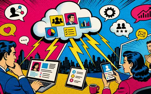 Salesforce US79466L3024 als Pop Art Comic mit CRM Cloud Blitzen Halbton Raster und kräftigen Primärfarben - Foto: THN