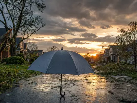 Travelers US89417E1091 zeigt fotorealistischen Schutzschirm nach schwerem Sturm im Wohnviertel mit Trümmern - Foto: THN