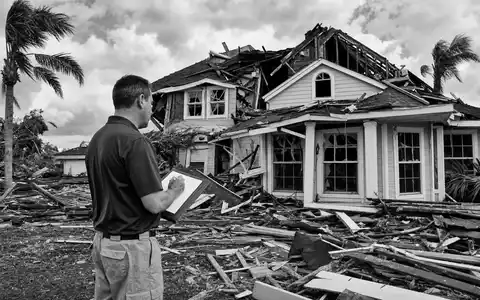 Travelers US89417E1091 Schwarz Weiß Reportage zeigt Schadenregulierer vor sturmzerstörtem Wohnhaus nach Hurrikan - Foto: THN
