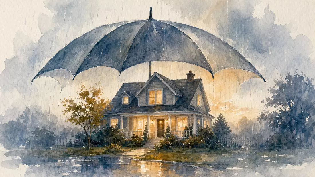 Aquarell: Großer Schirm schützt leuchtendes Haus vor sanftem Regen in Blau-Amber-Tönen