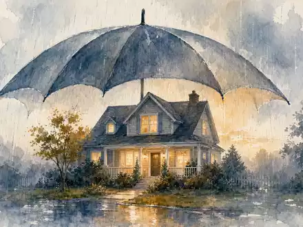 Travelers US89417E1091 Aquarell mit abstraktem Schutzschirm über leuchtendem Familienhaus im strömenden Regen - Foto: THN