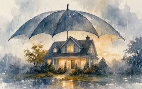 Travelers US89417E1091 Aquarell mit abstraktem Schutzschirm über leuchtendem Familienhaus im strömenden Regen - Foto: THN