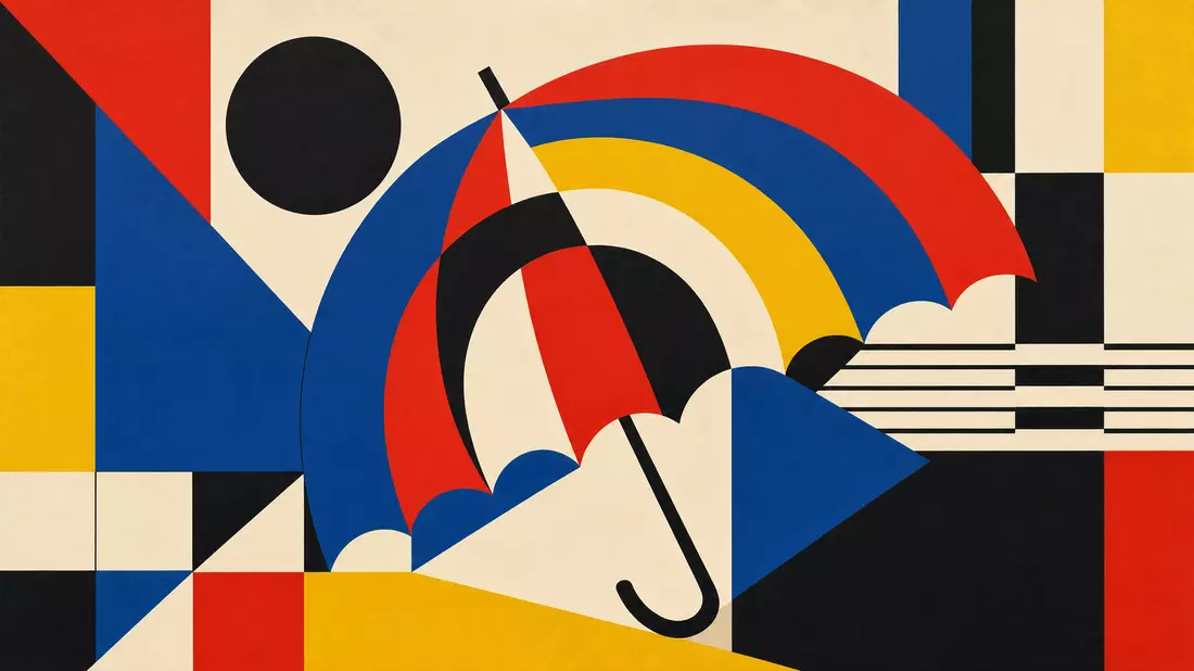 Bauhaus-Poster: Geometrische Kreisbögen und Schirmform in Rot, Blau, Gelb und Schwarz
