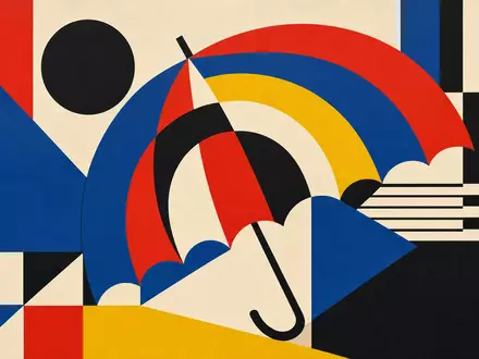 Travelers US89417E1091 Bauhaus Poster mit geometrischen Schirmbögen in Primärfarben als abstrakte Versicherungsgrafik - Foto: THN