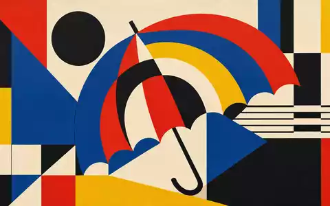 Travelers US89417E1091 Bauhaus Poster mit geometrischen Schirmbögen in Primärfarben als abstrakte Versicherungsgrafik - Foto: THN