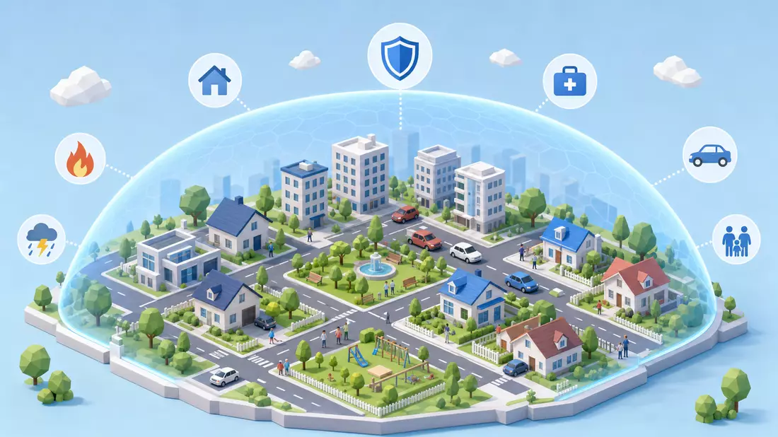 Isometrische Low-Poly-Stadt unter transparenter blauer Schutzglocke mit Versicherungs-Icons