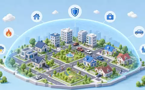 Travelers US89417E1091 isometrische 3D Stadt unter transparentem blauem Schutzschild mit schwebenden Versicherungssymbolen - Foto: THN