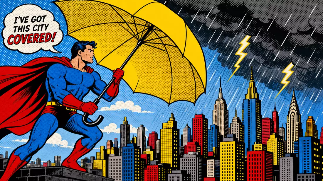 Pop-Art-Comic: Superheld mit gelbem Schirm schützt bunte Skyline vor Blitz und Regen