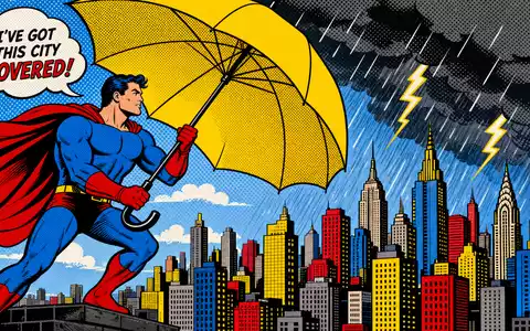 Travelers US89417E1091 Pop Art Comic Held schützt Metropole mit gelbem Schirm vor Blitz und Gewitter - Foto: THN