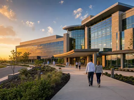 UnitedHealth Group US91324P1021 zeigt modernes Krankenhaus im Sonnenuntergang mit Glasfassade und Besuchern - Foto: THN