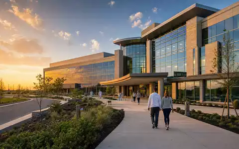 UnitedHealth Group US91324P1021 zeigt modernes Krankenhaus im Sonnenuntergang mit Glasfassade und Besuchern - Foto: THN