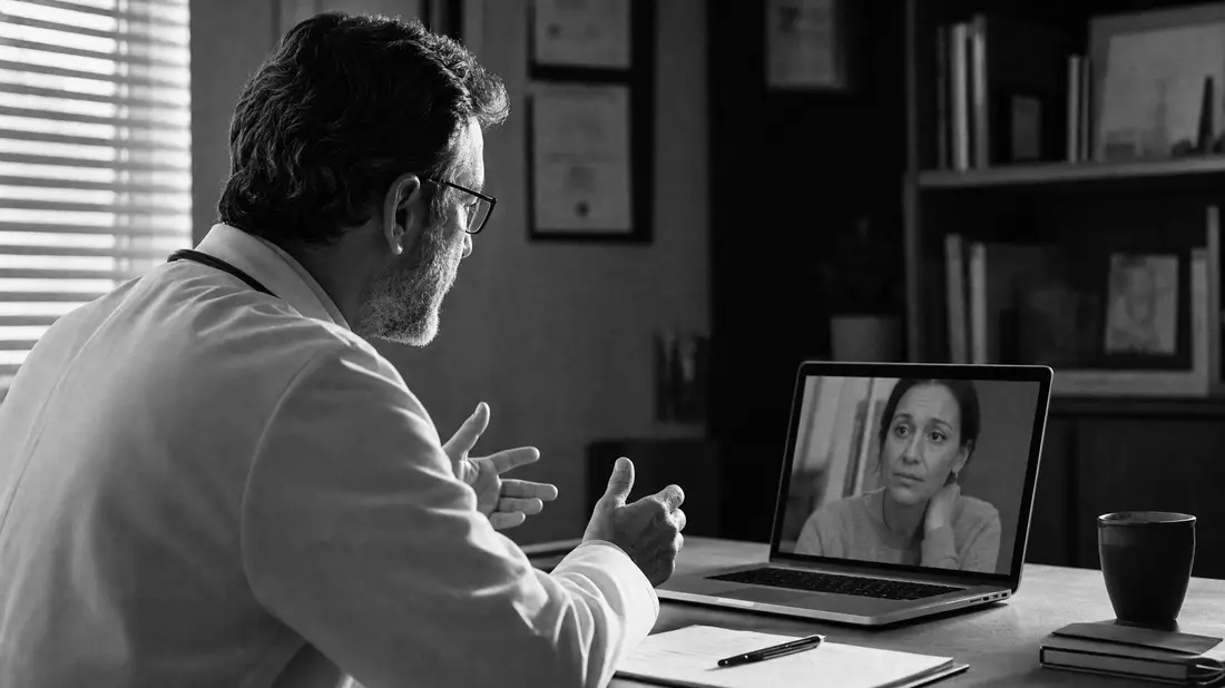 Schwarz-Weiß-Reportage: Arzt in Telemedizin-Beratung per Laptop mit Patientin auf Bildschirm