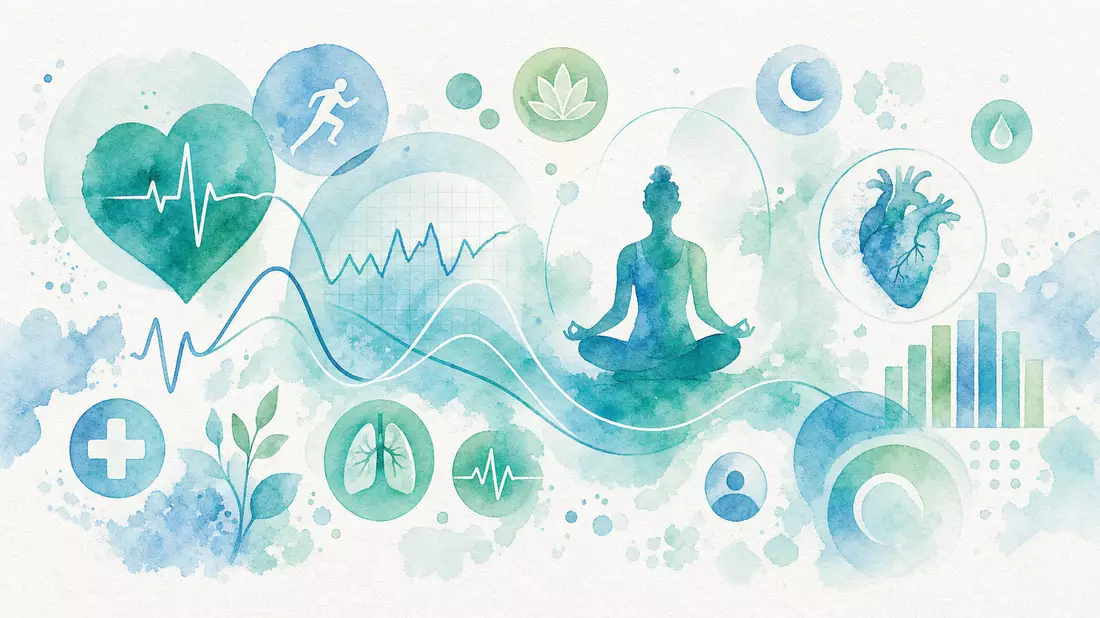 Aquarell-Illustration abstrakter Gesundheits-App-Elemente in Türkis, Mint und Blau auf Papier