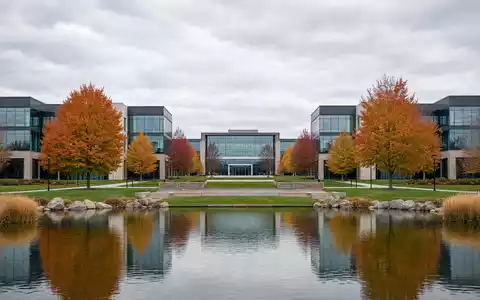 UnitedHealth Group US91324P1021 repräsentiert durch generischen Corporate Campus mit Herbstbäumen in Minnesota - Foto: THN