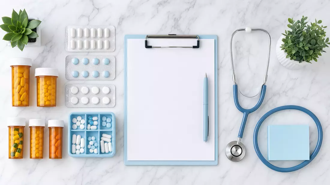 Overhead-Flatlay mit Pillendosen, Blisterpackungen, Stethoskop und Klemmbrett auf weißem Marmor