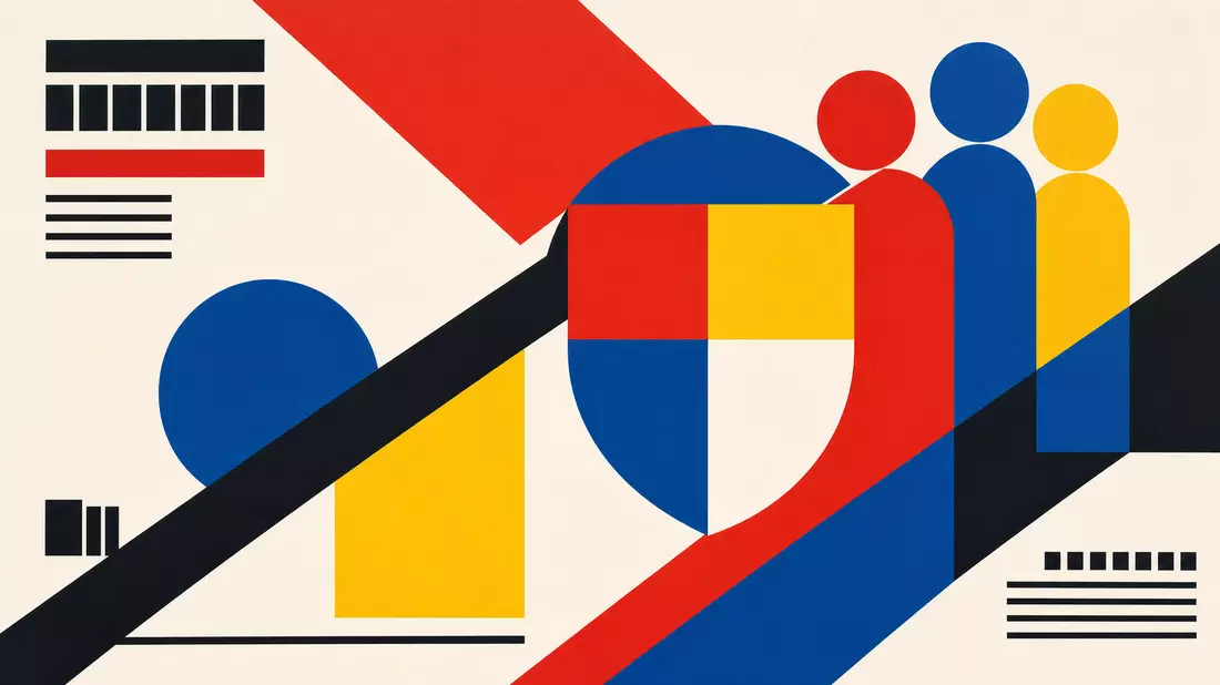 Bauhaus-Poster mit geometrischen Primärfarben, Schutzschild und stilisierten menschlichen Figuren