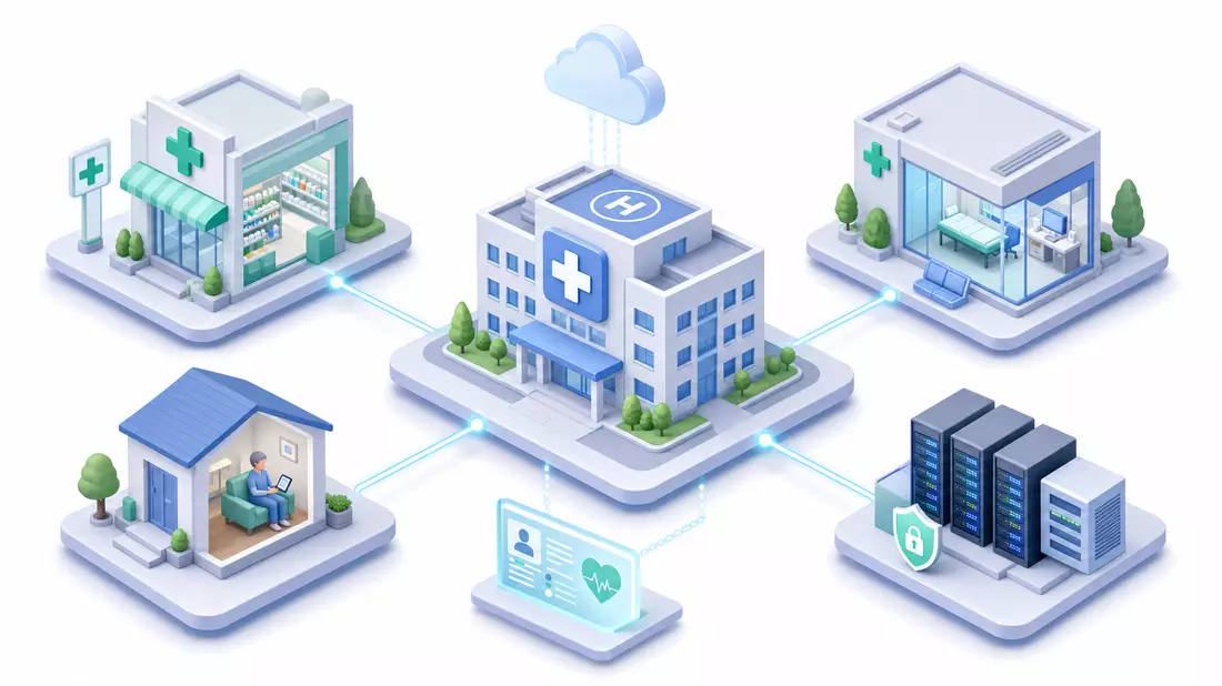 Isometrische 3D-Illustration eines Healthcare-Netzwerks mit Krankenhaus, Apotheke und Datenzentrum