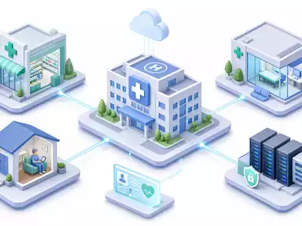 UnitedHealth Group US91324P1021 als isometrisches 3D-Netzwerk aus Krankenhaus Apotheke Heim und Datenzentrum - Foto: THN
