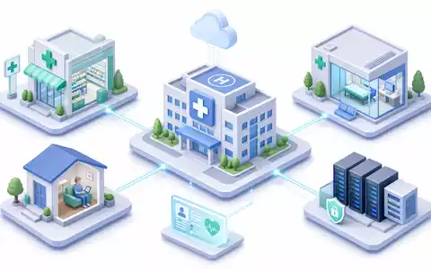 UnitedHealth Group US91324P1021 als isometrisches 3D-Netzwerk aus Krankenhaus Apotheke Heim und Datenzentrum - Foto: THN