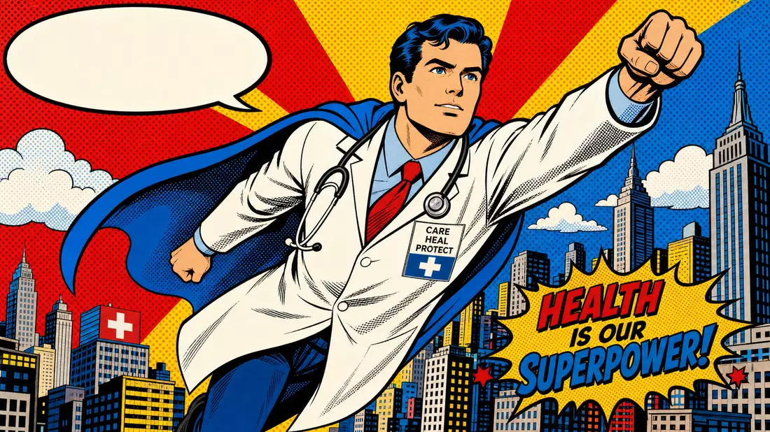 Pop-Art-Comic-Illustration eines fliegenden Arzt-Superhelden über Stadtsilhouette mit Halbtönen
