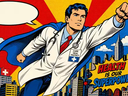 UnitedHealth Group US91324P1021 als Pop-Art-Comic mit mutig fliegendem Arzt-Superhelden über farbenfroher Stadtsilhouette - Foto: THN