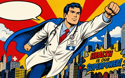 UnitedHealth Group US91324P1021 als Pop-Art-Comic mit mutig fliegendem Arzt-Superhelden über farbenfroher Stadtsilhouette - Foto: THN