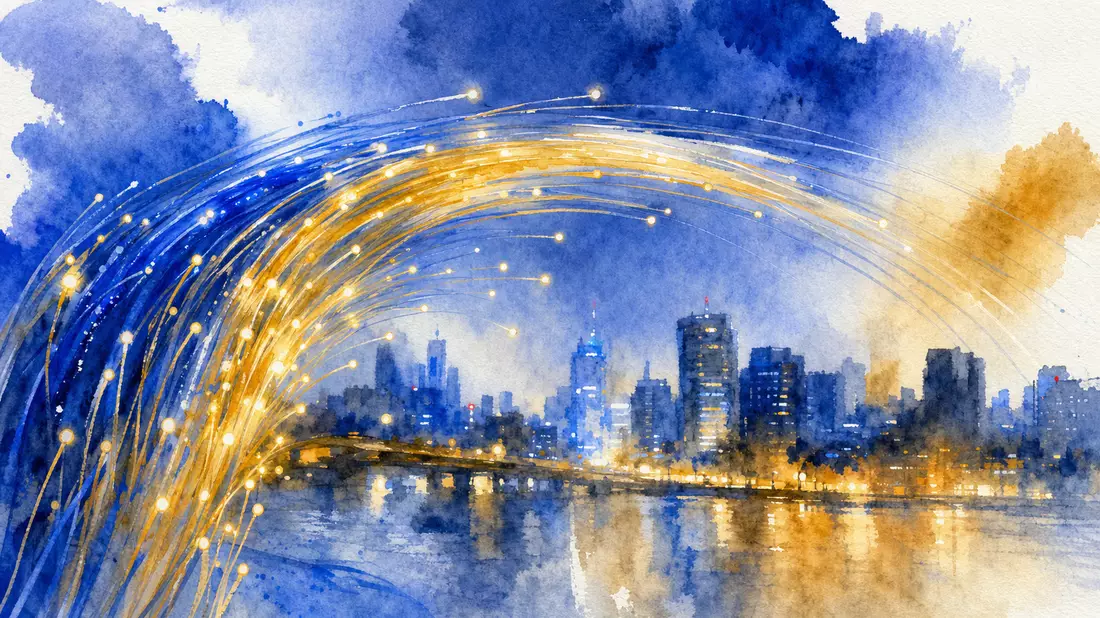 Aquarellgemälde mit leuchtenden Glasfaserkabeln in Gold und Blau als Bogen über einer impressionistischen Nacht-Stadtsilhouette