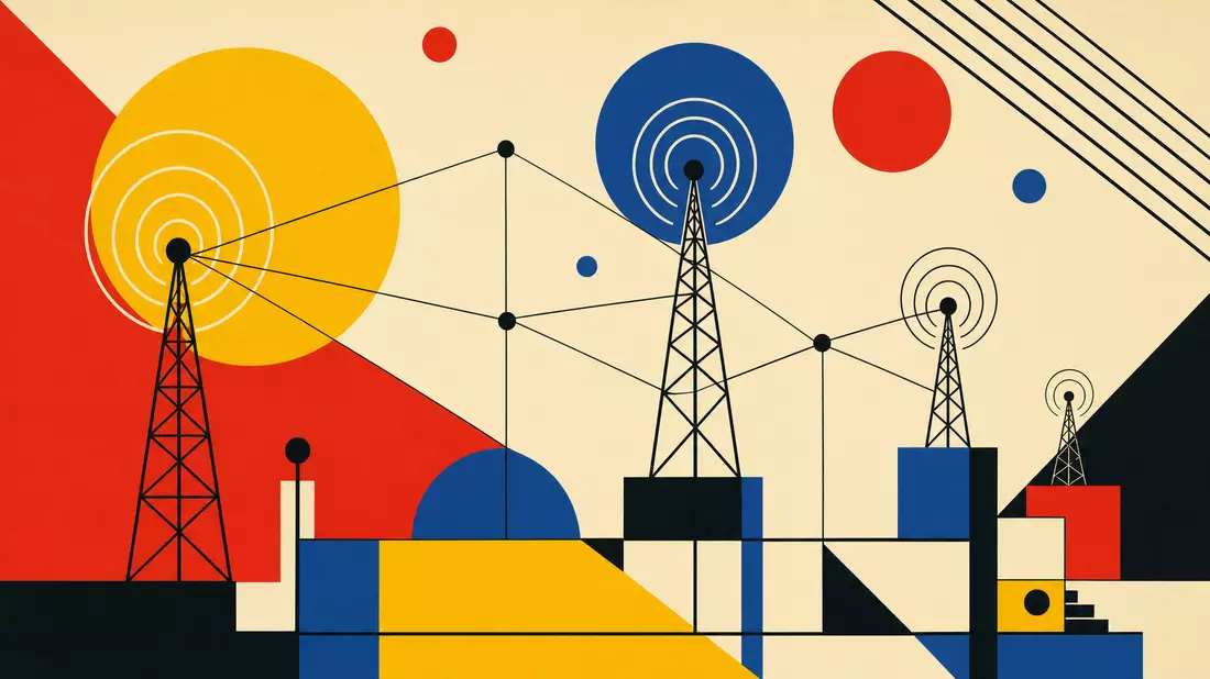 Bauhaus-inspiriertes Grafikposter in Primärfarben Rot, Gelb, Blau und Schwarz mit geometrischen Kreisen und stilisierten Antennentürmen