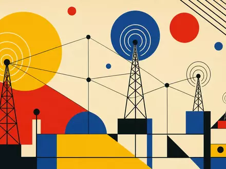 Verizon US92343V1044 – Bauhaus-Poster mit geometrischen Primärformen und stilisierten Antennentürmen als Netzwerksymbolik - Foto: THN