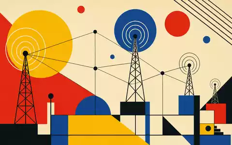 Verizon US92343V1044 – Bauhaus-Poster mit geometrischen Primärformen und stilisierten Antennentürmen als Netzwerksymbolik - Foto: THN