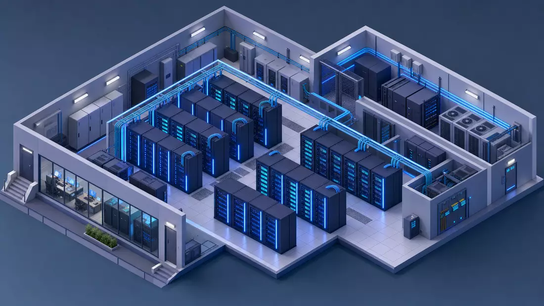 Isometrische 3D-Illustration eines Rechenzentrums mit blauen LED-beleuchteten Serverracks, Netzwerkkabeln und Kontrollraum, markenneutral