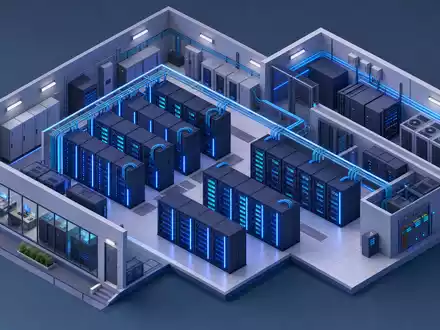 Verizon US92343V1044 – isometrische 3D-Illustration eines modernen Rechenzentrums mit blauen LED-beleuchteten Serverreihen innen - Foto: THN