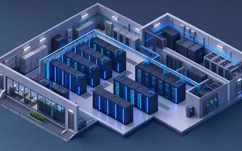 Verizon US92343V1044 – isometrische 3D-Illustration eines modernen Rechenzentrums mit blauen LED-beleuchteten Serverreihen innen - Foto: THN