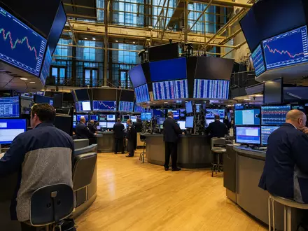 Verizon US92343V1044 – Börsen-Editorial zeigt aktive Händler am NYSE-Parkett vor großen Kursanzeige-Bildschirmen - Foto: THN