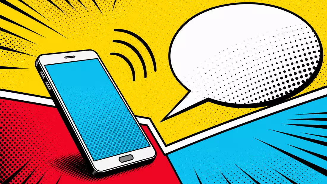 Pop-Art-Illustration im Roy-Lichtenstein-Stil, generisches Smartphone mit leerer Sprechblase, Halbton-Rastermuster, gelber und roter Hintergrund