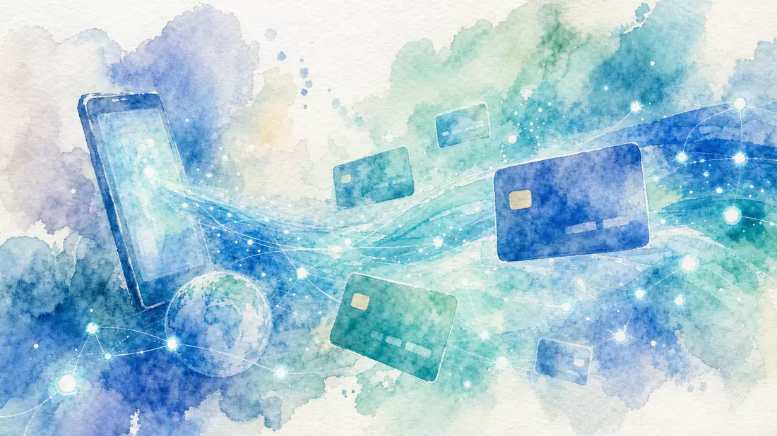 Aquarellillustration abstrakter digitaler Zahlungsströme mit generischen Kartensymbolen und Netzwerkknoten in Blau-Türkis – künstlerische Darstellung des Geschäftsmodells von Visa Inc (US92826C8394)