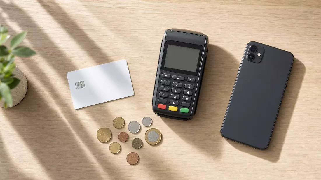 Flatlay-Vogelperspektive generischer Zahlungsobjekte auf hellem Holz: unbeschriftete Bankkarte, POS-