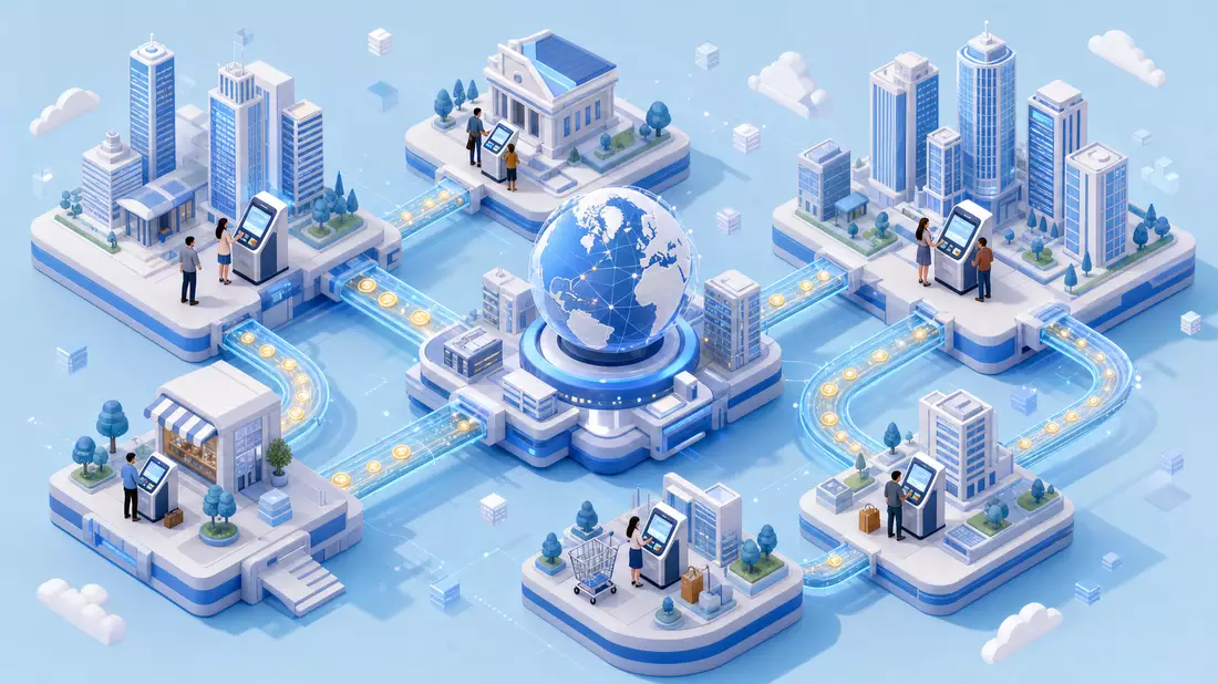 Isometrische 3D-Illustration eines globalen Zahlungsnetzwerks mit miniaturisierten Stadtblöcken, leuchtenden Datenleitungen und Miniaturpersonen an Zahlterminals – versinnbildlicht das weltweite Netz von Visa Inc (US92826C8394)