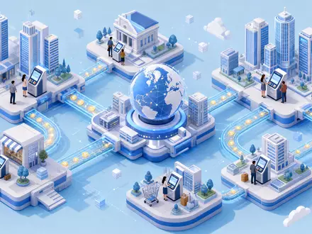 Visa Inc US92826C8394 visualisiert das globale Zahlungsnetzwerk als isometrische 3D-Stadtillustration in pastellblauem Stil - Foto: THN